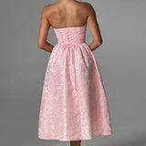 Vestido de noche trapecio sin tirantes en jacquard liso