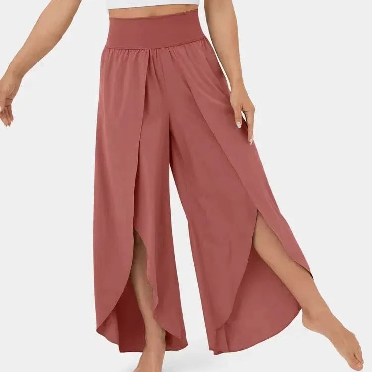 Pantalones de yoga para mujer – Corte holgado y fluido – Cintura alta – Abertura lateral – Tejido transpirable