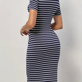 Vestido ajustado para mujer – Estampado de rayas – Mangas cortas – Cuello redondo – Largo hasta la rodilla
