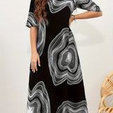 Vestido de mujer de corte A - Cuello redondo - Mangas al codo - Elegante estampado abstracto