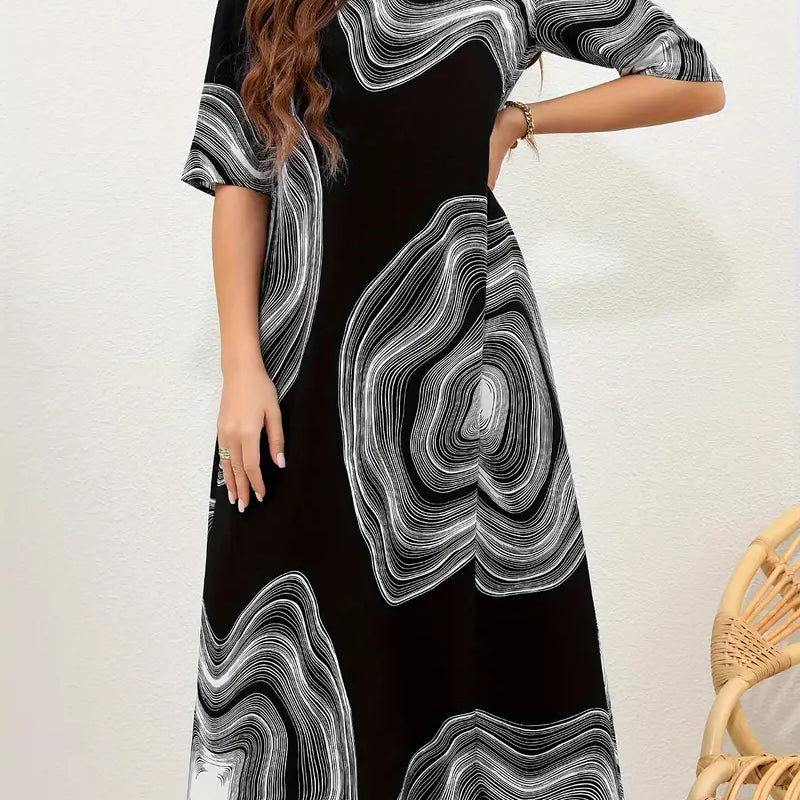 Vestido de mujer de corte A - Cuello redondo - Mangas al codo - Elegante estampado abstracto
