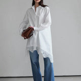 Vestido camisero de encaje asimétrico con volantes suaves, mangas largas, minivestido