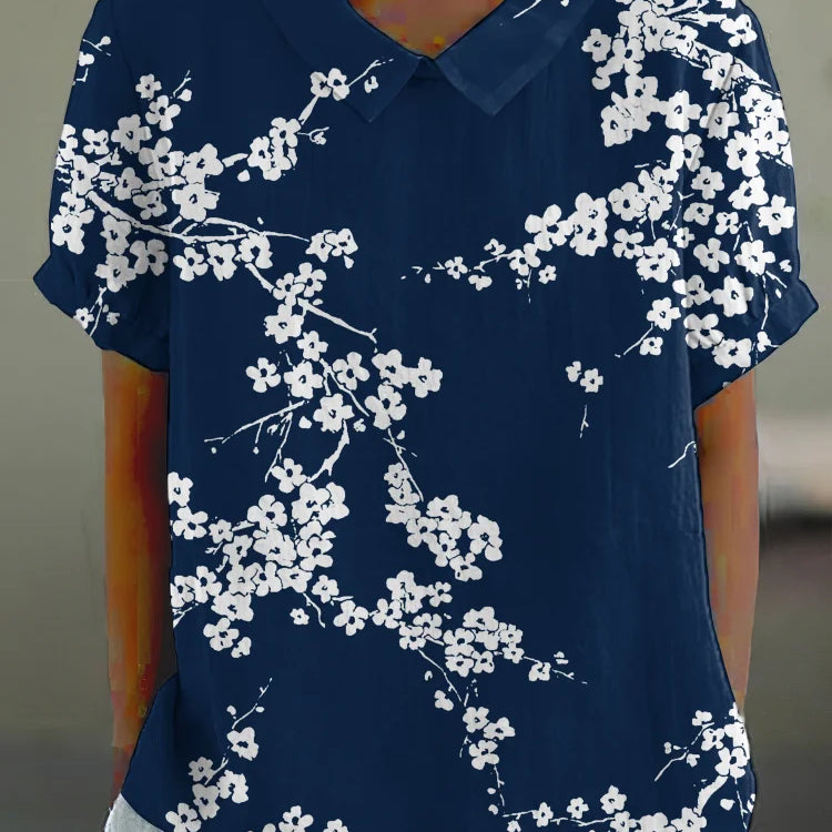 Blusa de mujer - Estampado floral - Corte holgado - Mangas cortas - Cuello clásico