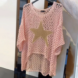 Top corto para mujer – punto calado – corte holgado – mangas 3/4 – cuello redondo con estampado de estrellas