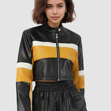 Chaqueta corta de PU con bloques de color