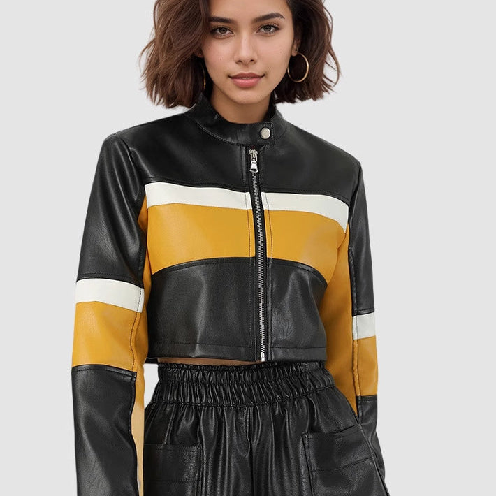Chaqueta corta de PU con bloques de color