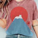 Camiseta de mujer - Cuello redondo - Manga corta - Corte holgado - Estampado gráfico de gato