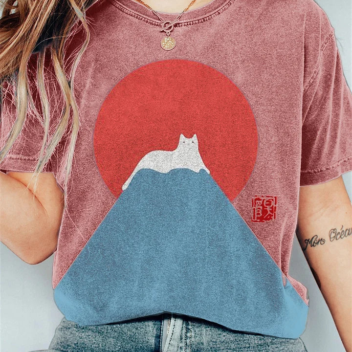 Camiseta de mujer - Cuello redondo - Manga corta - Corte holgado - Estampado gráfico de gato
