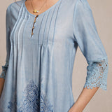 Vestido de mujer - Estilo bohemio - Largo midi - Mangas 3/4 con ribete de encaje - Escote en pico abotonado - Bordado