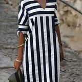 Vestido de mujer - Rayas - Corte recto y holgado - Mangas medias - Cuello en V informal
