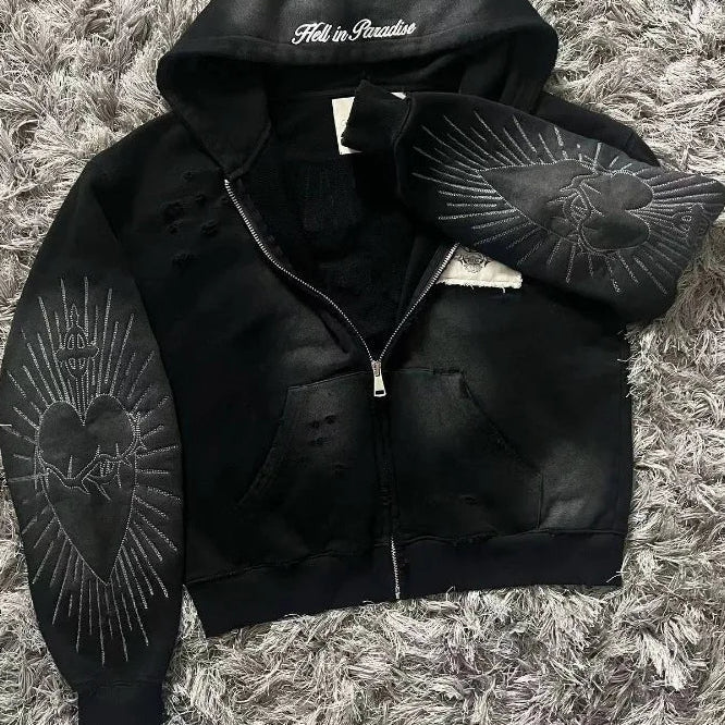 Sudadera con capucha y cremallera con letras bordadas