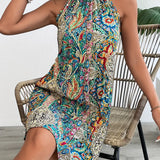 Vestido de mujer - Espalda abierta - Corte en A - Elegante estampado bohemio - Largo hasta la rodilla