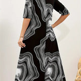 Vestido de mujer de corte A - Cuello redondo - Mangas al codo - Elegante estampado abstracto