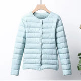Chaqueta de plumas para mujer – Corte entallado – Ultraligera – Acolchada con botones – Largo hasta la cadera