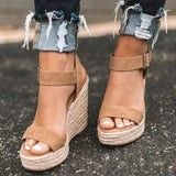Sandalias de cuña para mujer - Punta abierta - Estilo alpargata - Correa ajustable en el tobillo