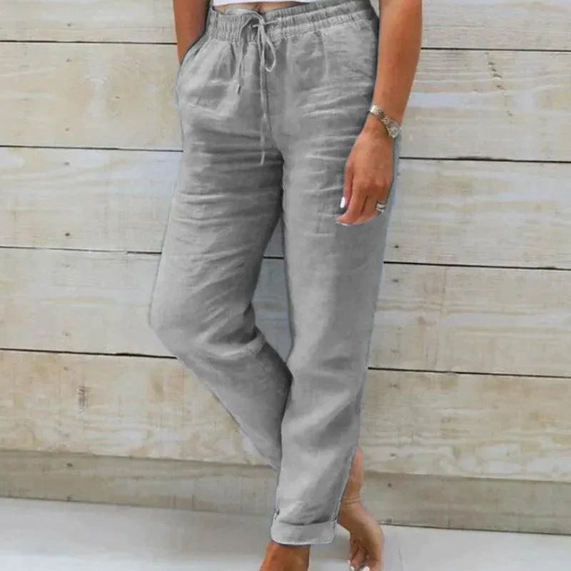 Pantalones de lino para mujer - Cintura elástica con cordón - Corte holgado y transpirable