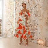 Vestido de mujer - Hombros descubiertos - Mangas abullonadas - Estampado floral - Corte midi fluido