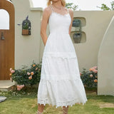 Vestido de verano de encaje blanco para mujer con dobladillo con volantes