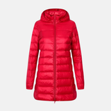 Chaqueta de plumas para mujer – Corte entallado – Largo hasta medio muslo – Acolchada – Impermeable con capucha