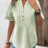 Blusa de mujer - Algodón ligero - Cuello en V redondo con abertura - Mangas cortas - Estilo casual