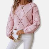 Suéter de mujer - Tejido de mezcla de lana - Cuello redondo - Mangas largas - Estampado de rombos