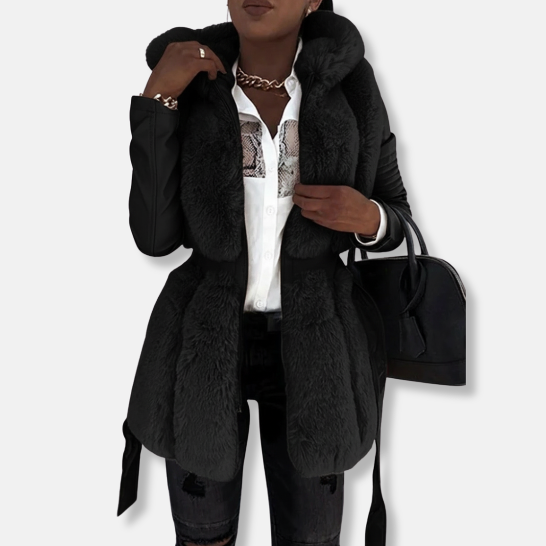 Chaqueta de piel sintética para mujer – Corte entallado – Cuello de piel sintética – Mangas acolchadas