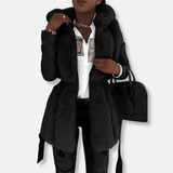 Chaqueta de piel sintética para mujer – Corte entallado – Cuello de piel sintética – Mangas acolchadas