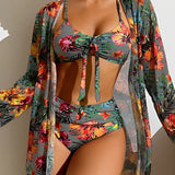 Traje de baño de 3 piezas para mujer – Top con lazo – Cintura alta – Kimono floral fluido