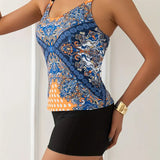 Tankini para mujer – Tirantes ajustables – Estampado tribal – Corte ajustado – Pantalones cortos hasta la mitad del muslo