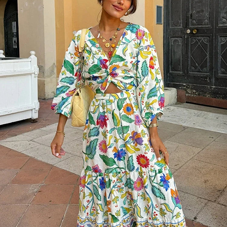 Conjunto de falda y top para mujer - Estilo cruzado - Mangas largas - Estampado floral - Fluido