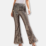Pantalón de mujer – Cintura alta – Pierna ancha – Lentejuelas geométricas – Largo completo