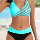 Bikini de mujer – Talle alto – Top cruzado – Tejido elástico transpirable – Rayas estampadas