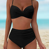 Bikini de mujer – Corte ajustado – Top cruzado con tirantes ajustables – Fruncido de cintura alta