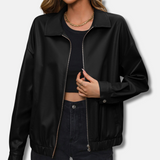 Chaqueta biker para mujer – Piel sintética – Corte holgado – Recortada – Cremallera frontal