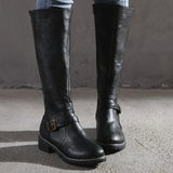 Botas altas para mujer - Piel lisa - Punta redonda - Tacón cuadrado cómodo - Hebilla decorativa