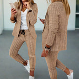 Traje de dos piezas para mujer – Corte entallado – Cintura con cordón – Elegante estampado de cuadros