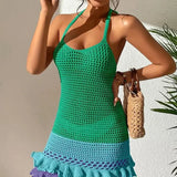 Vestido playero de crochet con volantes, tricolor y espalda descubierta para mujer