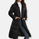 Abrigo largo de mujer – Plumón cálido – Capucha – Corte recto – Acolchado cómodo