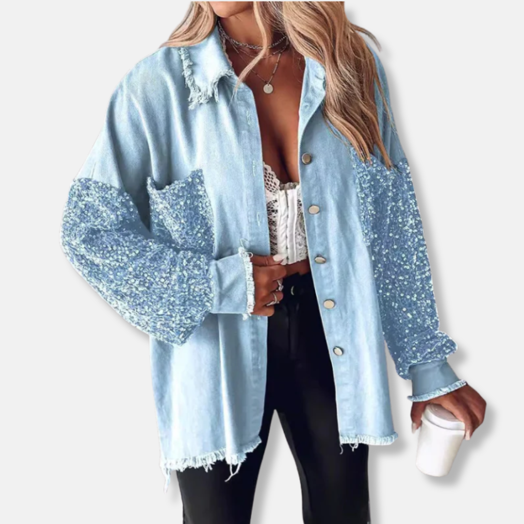 Chaqueta vaquera para mujer - Mezcla de algodón - Corte holgado - Largo túnica - Bordes deshilachados