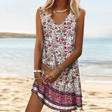 Vestido de verano para mujer - Sin mangas - Cuello en V - Corte acampanado - Estampado floral bohemio