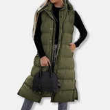 Chaqueta larga para mujer – Acolchada ligera – Corte holgado – Sin mangas con capucha
