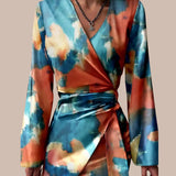 Vestido cruzado para mujer - Mangas largas - Cuello en V - Ajuste ajustable - Estampado moderno