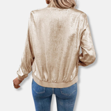 Chaqueta bomber para mujer – Acabado satinado brillante – Corte holgado – Bajos acanalados – Cierre de cremallera