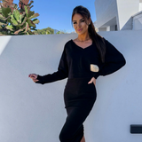 Conjunto de vestido para mujer – Punto suave – Top de manga larga con cuello en V – Falda tubo midi