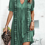 Vestido de mujer - Escote en V - Mangas cortas abullonadas - Corte recto y fluido