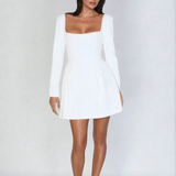Minivestido de mujer - Escote cuadrado con perlas - Mangas largas - Corte elegante y evasé