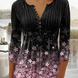 Top de mujer – Estampado floral – Corte holgado – Mangas 3/4 – Cuello en V abotonado – Tejido ligero