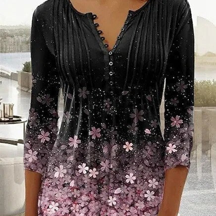 Top de mujer – Estampado floral – Corte holgado – Mangas 3/4 – Cuello en V abotonado – Tejido ligero