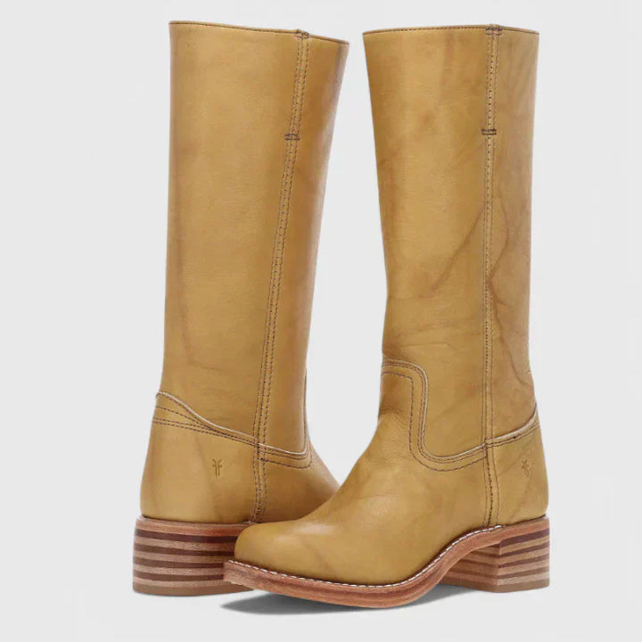 Botas de mujer - Piel - Caña alta - Tacón de bloque apilado - Punta de almendra