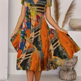 Vestido de mujer - Corte en A - Elegante escote en V - Mangas cortas - Estampado abstracto